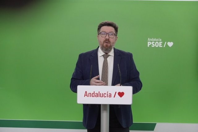 El portavoz adjunto del PSOE-A en el Parlamento andaluz, Rodrigo Sánchez Haro, en una comparecencia telemática.