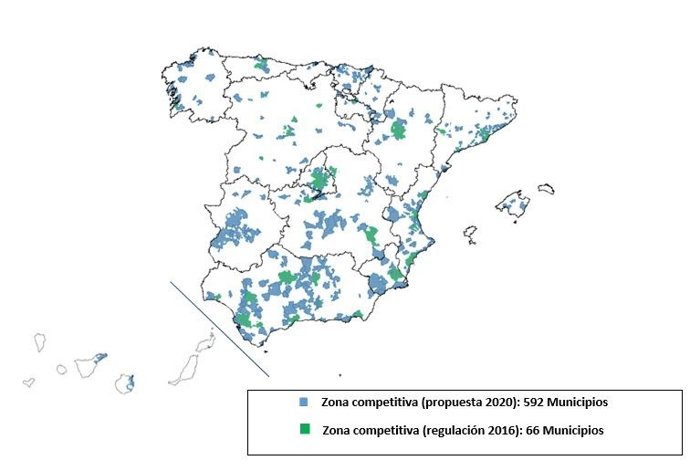 Mapa de las zonas en las que la CNMC no obliga a Telefónica a dar acceso mayorist a su red de fibra a sus rivales