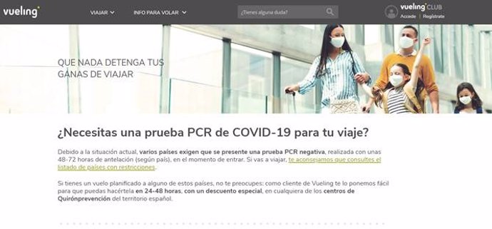 Sección de la página web de Vueling para los clientes que necesiten un test PCR