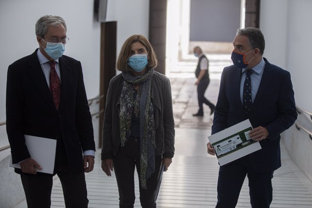 Los consejeros Rogelio Velasco (i), Rocío Blanco (c) y Elías Bendodo (d), en rueda de prensa tras el Consejo de Gobierno de la Junta de Andalucía. En Sevilla, a 17 de noviembre de 2020