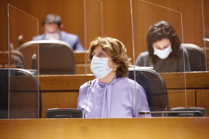 La consejera de Ciudadanía y Derechos Sociales del Gobierno de Aragón presenta en las Cortes autonómicas los presupuestos de su Departamento para 2021.