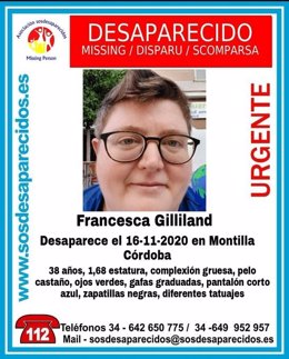 Cartel alertando de la desaparición de Francesca Gilliland