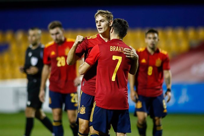 Dani Gomez of Spain Sub21 celebrates a goal during the UEFA Under 21 Championship football match played between Spain and Kazakhstan at Santo Domingo stadium on october 13, 2020 in Alcorcon, Madrid, Spain.
