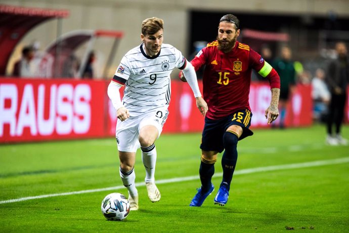 Timo Werner of Germany and Sergio Ramos of Spain during the UEFA Nations league match between Spain and Germany at the la Cartuja Stadium on November 17, 2020 in Sevilla Spain