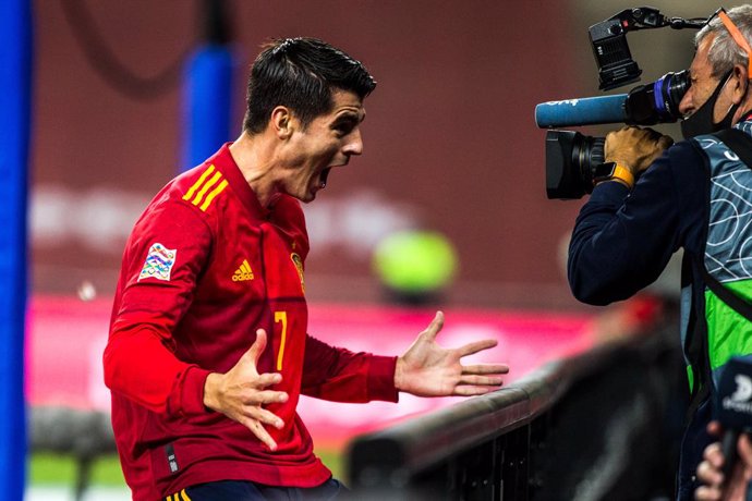 Celebrate score of Alvaro Morata of Spain during the UEFA Nations league match between Spain and Germany at the la Cartuja Stadium on November 17, 2020 in Sevilla Spain