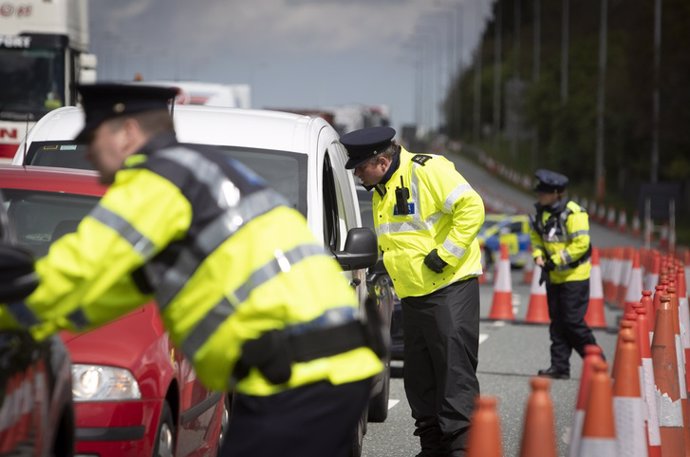 Garda Covid-19 Checkpoint - N7 Motorway, Dublin    Dublin, Ireland - April 29, 2020: a checkpoint on the N7 motorway. Gardaí have set up checkpoints across the country in a bid to limit people breaking the Government's Covid-19 travel restrictions.