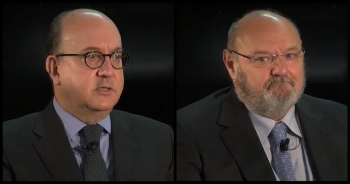 El presidente de la Asociación Española de Banca (AEB), José María Roldán (izq), y el director general de CECA, José María Méndez (dcha), en el XXVII Encuentro del Sector Financiero organizado por Deloitte, 'ABC' y Sociedad de Tasación.