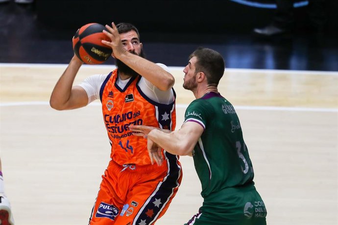 Bojan Dubljevic of  Valencia Basket in action during the spanish league ACB  basketball match played between Valencia Basket vs Unicaja at the Fuente de San Luiz pavilion, La Fonteta. On October, 11. 2020