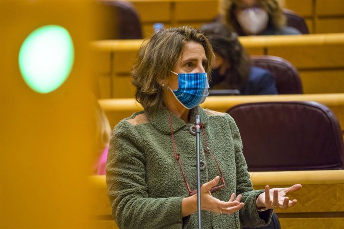 La vicepresidenta cuarta y ministra para la Transición Ecológica, Teresa Ribera, interviene durante una sesión de control al Gobierno en el Senado, en Madrid (España), a 3 de noviembre de 2020. Durante el pleno de hoy, el Ejecutivo ha respondido a cuest