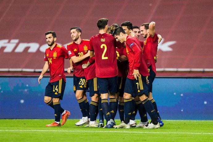 Celebrate score Rodrigo "Rodri" Hernandez of Spain  during the UEFA Nations league match between Spain and Germany at the la Cartuja Stadium on November 17, 2020 in Sevilla Spain