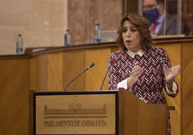 La secretaria general del PSOE-A, Susana Díaz, durante su intervención en el  pleno para el Debate de totalidad del proyecto de Ley de Presupuestos de la Comunidad Autónoma de Andalucía para 2021. En el Parlamento de Andalucía, Sevilla (Andalucía, España)