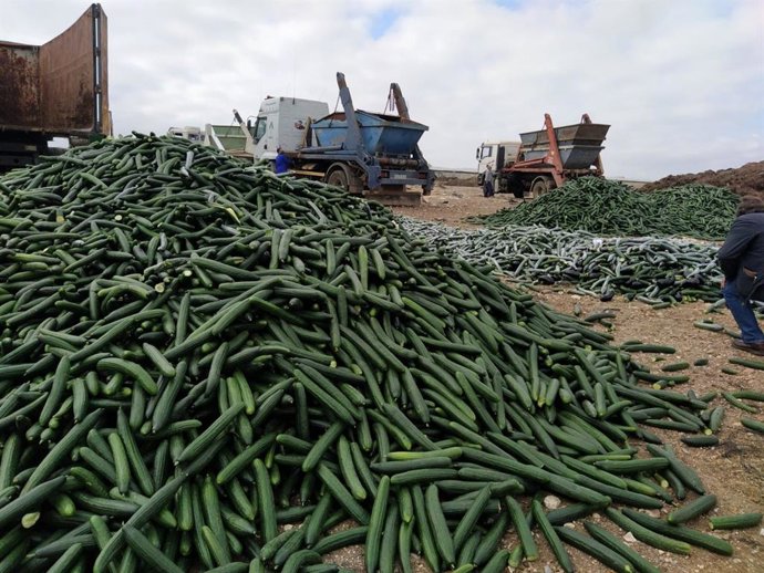 Volquetes tiran producto en la protesta agrícola en El Ejido (Almería)