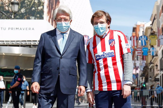 Enrique Cerezo, President of Atletico de Madrid, and Jose Luis Martinez-Almeida, Mayor of Madrid, seen during an event celebrated on Calle Preciados in Madrid in which the City Council supports the restart of the remaining matches of LaLiga in Spanish f