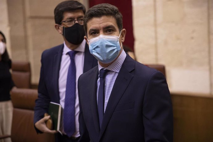 El portavoz del grupo parlamentario Ciudadanos, Sergio Romero, en el pleno para el Debate de totalidad del proyecto de Ley de Presupuestos de la Comunidad Autónoma de Andalucía para 2021. En el Parlamento de Andalucía, Sevilla (Andalucía, España), a 18 