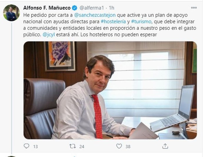Captura del tuit de Alfonso Fernández Mañueco sobre la carta enviada al  presidente Pedro Sánchez.