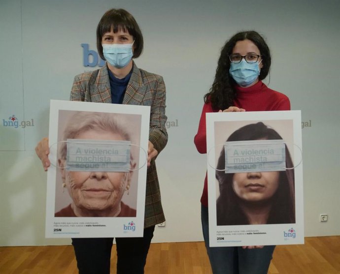 Ana Pontón y Noa Presas, portavoz nacional del BNG y responsable de acción feminista, en rueda de prensa por la campaña del 25 N de 2020