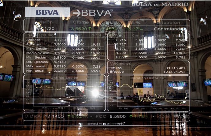 Valores de la bolsa de Madrid (España), a 16 de noviembre de 2020. El Ibex 35 subía un 2% en torno a las 10.15 horas de este lunes, impulsado por BBVA, cuyas acciones se disparaban un 16,35% tras anunciar la venta de su filial en Estados Unidos a PNC po