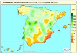 Distribución de las lluvias acumuladas en España entre el 1 de octubre y el 17 de noviembre de 2020.
