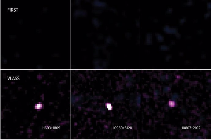 Imágenes VLA de tres galaxias en el nuevo estudio, comparando lo que se vio en el primer estudio FIRST y el VLASS posterior.