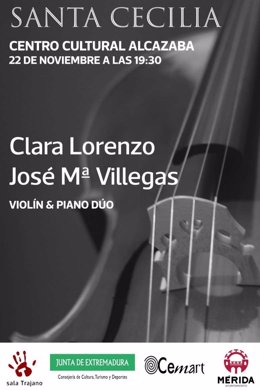 Cartel del concierto en Mérida a cargo de la violinista Clara Lorenzo y el pianista José María Villegas