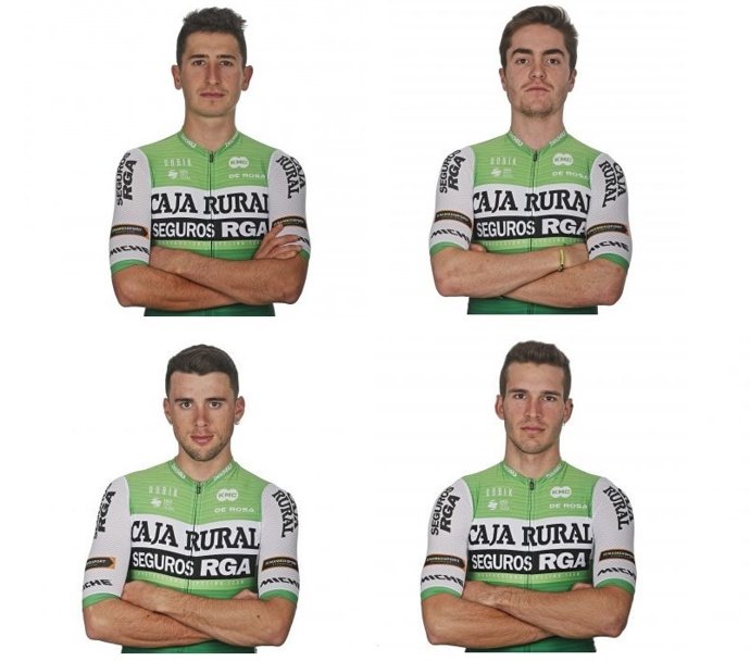 Renovaciones de los ciclistas del Caja Rural-Seguros RGA para 2021. De izquierda a derecha y de arriba abajo: Amézqueta, Irisarri, Cuadros y Nicolau