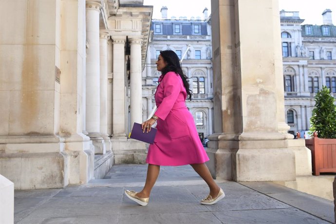 21 July 2020, England, London: UK Home Secretary Priti Patel arrives for a Cabinet meeting, for the first time since the Coronavirus lockdown. The cabinet meeting will be held at the Foreign and Commonwealth Office (FCO) in London. Photo: Stefan Roussea