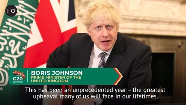 SCREENSHOT - 21 November 2020, England, London: A screenshot of UK Prime Minister Boris Johnson's video message during the virtual G20 summit, where he urged world leaders to do more to tackle the climate crisis and defeat the coronavirus pandemic in a 