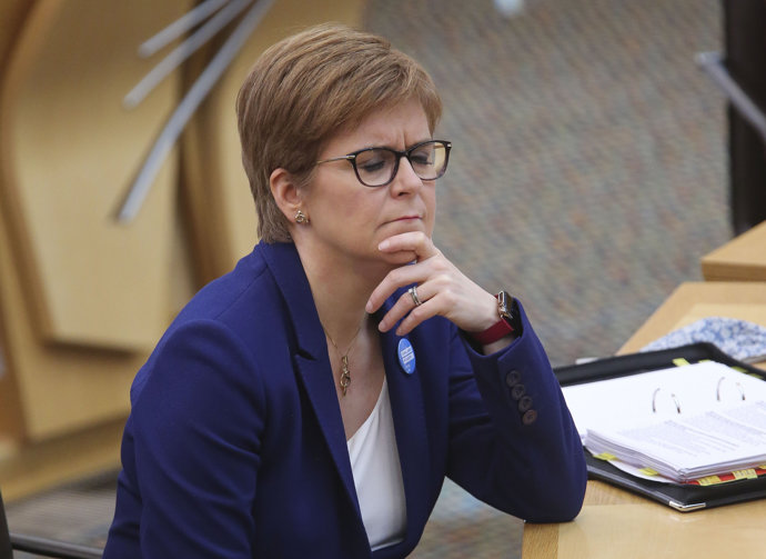 08 October 2020, Scotland, Edinburgh: Scottish First Minister Nicola Sturgeon attends the First Minster's Questions in the debating chamber of the Scottish Parliament. Photo: Fraser Bremner/Scottish Daily Mail via PA Media/dpa