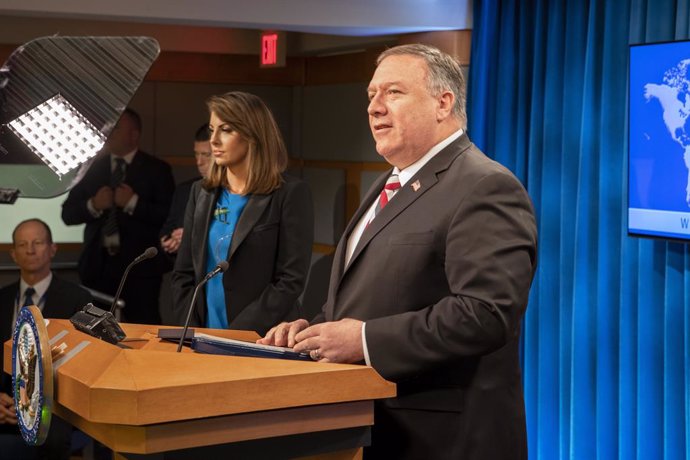 FILED - 17 March 2020, US, Washington: US Secretary of State Mike Pompeo (R) speaks during a press statement in the Press Briefing Room, at the Department of State. US Secretary of State Mike Pompeo met Taliban deputy political chief Mullah Abdul Ghani 