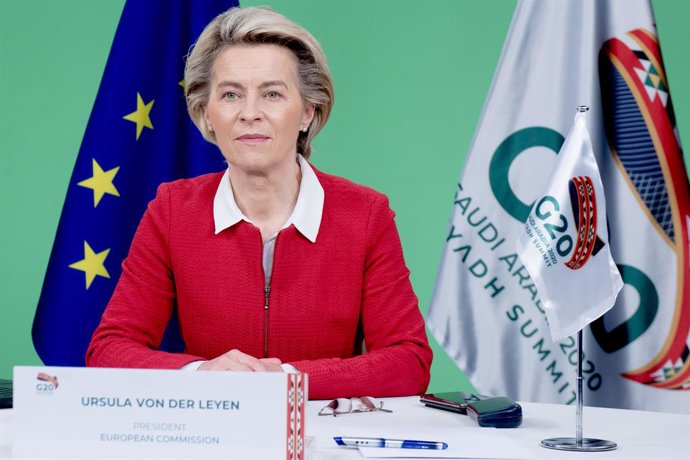 HANDOUT - 21 November 2020, Belgium, Brussels: European Commission President Ursula von der Leyen attends the virtual G20 summit which is hosted by Saudi Arabia. Photo: Etienne Ansotte/European Commission/dpa - ATTENTION: editorial use only and only if 