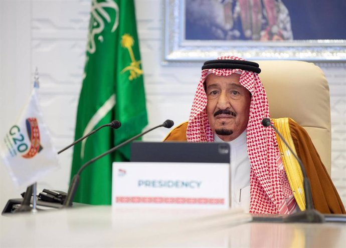 21 November 2020, Saudi Arabia, Riyadh: Saudi King Salman bin Abdulaziz Al Saud chairs the G20 online summit. Photo: -/Saudi Press Agency/dpa