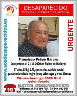 Imagen y descripción del hombre desaparecido en Palma este sábado 21 de noviembre.