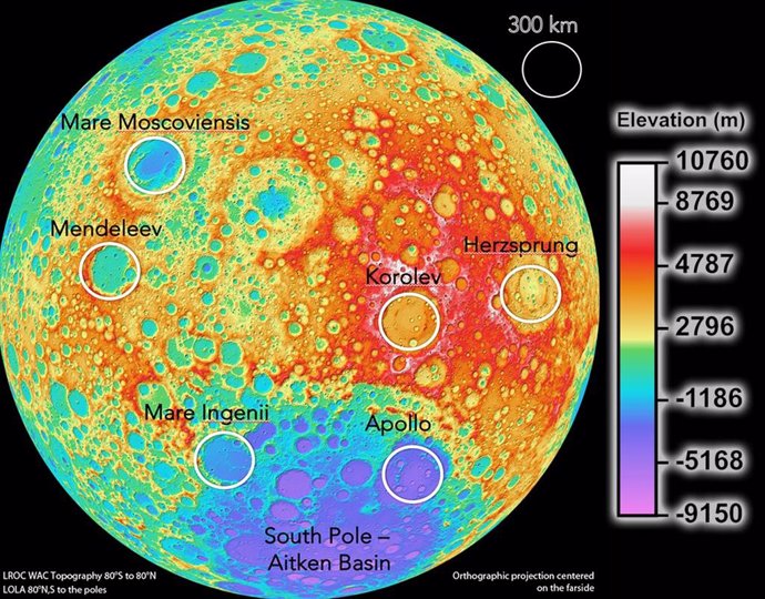 Mapa de elevación de la superficie lunar