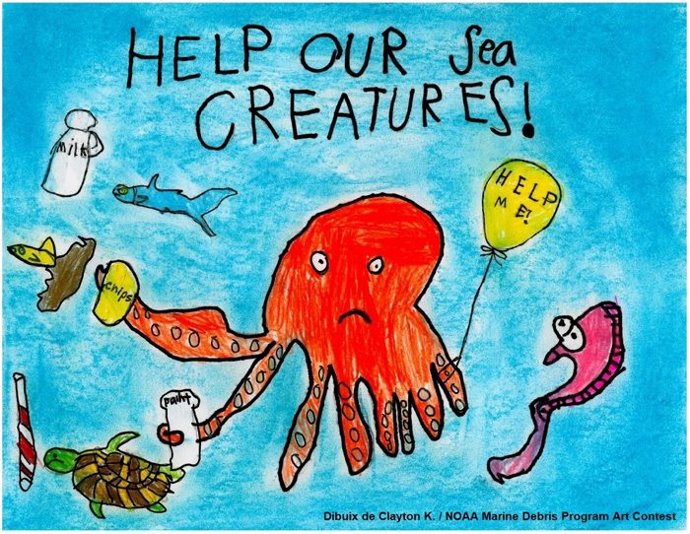 Dibujo infantil sobre la problemática de a basura marina, difundida por la Generalitat de Catalunya a modo de ejemplo para el concurso.