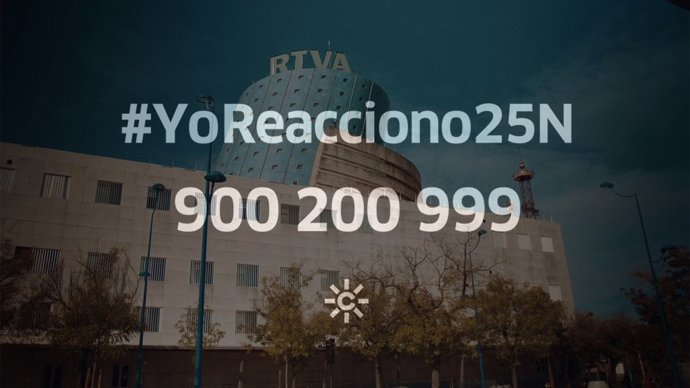 Montaje sobre la imagen de la sede de la RTVA con la programación especial ante el Día Internacional contra la violencia de género.