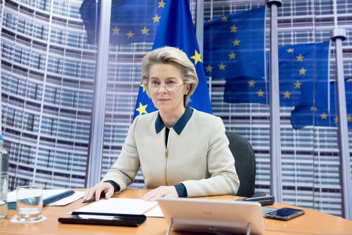 HANDOUT - 19 November 2020, Belgium, Brussels: European Commission President Ursula von der Leyen participates in a video conference with the members of the European Council. Photo: Etienne Ansotte/European Commission/dpa - ATTENTION: editorial use only
