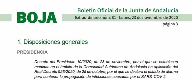 Edición extraordinaria del Boletín Oficial de la Junta de Andalucía (BOJA) que prorroga la vigencia de las restricciones para afrontar la pandemia del coronavirus hasta el 10 de diciembre