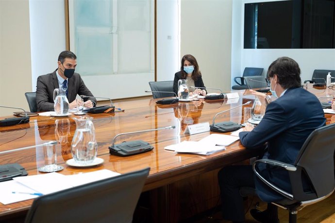 El presidente del Gobierno, Pedro Sánchez, y el ministro de Sanidad, Salvador Illa, durante la reunión del Comité de Seguimiento del Coronavirus, en el Complejo de la Moncloa, Madrid (España), a 19 de noviembre de 2020.