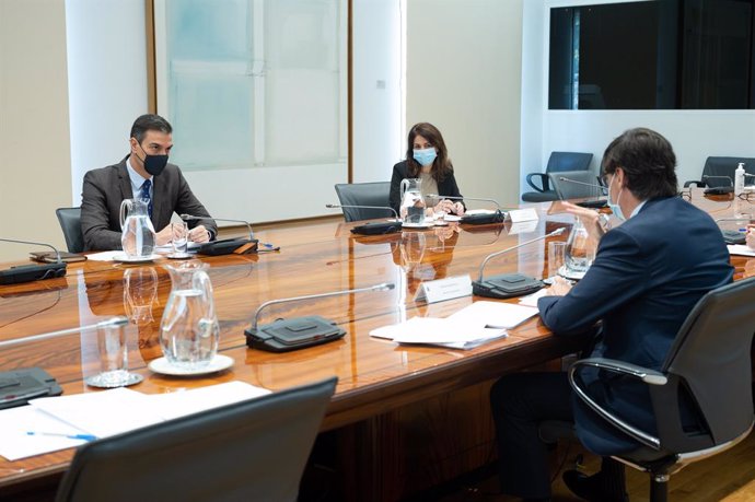 El presidente del Gobierno, Pedro Sánchez, y el ministro de Sanidad, Salvador Illa, durante la reunión del Comité de Seguimiento del Coronavirus, en el Complejo de la Moncloa, Madrid (España), a 19 de noviembre de 2020.