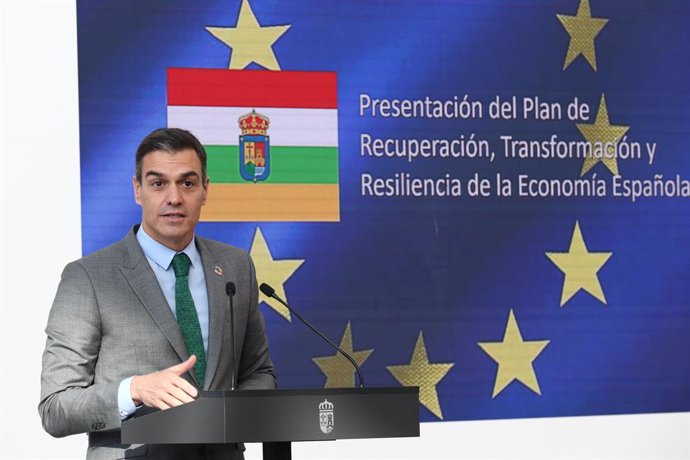 El president del Govern, Pedro Sánchez, intervé en l'acte de presentació del Pla de Recuperació, Transformació i Resilincia de l'Economia Espanyola, en Agoncillo, La Rioja, (Espanya), a 20 de novembre de 2020.