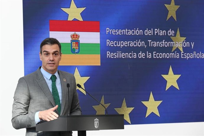 El presidente del Gobierno, Pedro Sánchez, interviene en el acto de presentación del Plan de Recuperación, Transformación y Resiliencia de la Economía Española, en Agoncillo, La Rioja, (España), a 20 de noviembre de 2020.