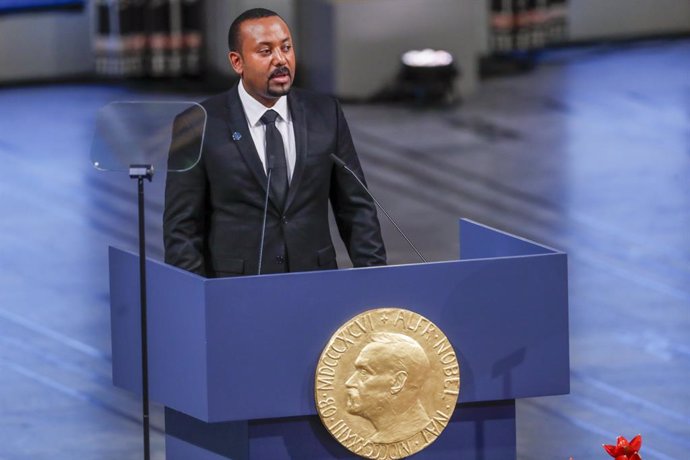 10 December 2019, Norway, Oslo: Ethiopian Prime Minister Abiy Ahmed Ali delivers a speech during a ceremony held for him to receive the 2019 Nobel Peace Prize at the Oslo City Hall. Photo: Terje Bendiksby/NTB scanpix/dpa