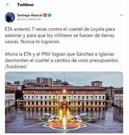 Santiago Abascal critica en redes sociales la cesión del cuartel de Loyola