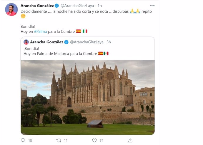 La ministra de Asuntos Exteriores, UE y Cooperación, se disculpa en Twitter tras poner la bandera de México en uno de sus mensajes sobre la cumbre hispano-italiana