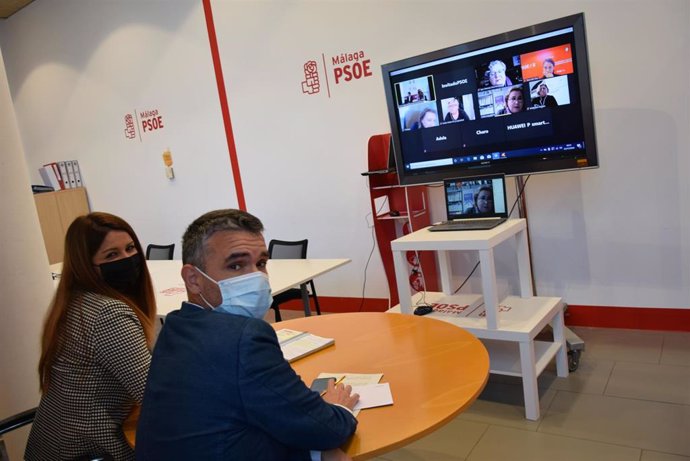 El portavoz del PSOE en la Diputación de Málaga, José Bernal, y la diputada provincial socialista Irene Díaz en un encuentro telemático por el 25N