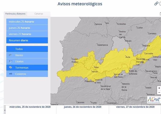Mapa facilitado por la Aemet sobre la previsión de lluvias en el oeste de CyL