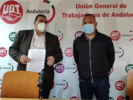 Los dirigentes de UGT Andalucía, este miércoles en rueda de prensa para anunciar huelga indefinida en Veiasa.