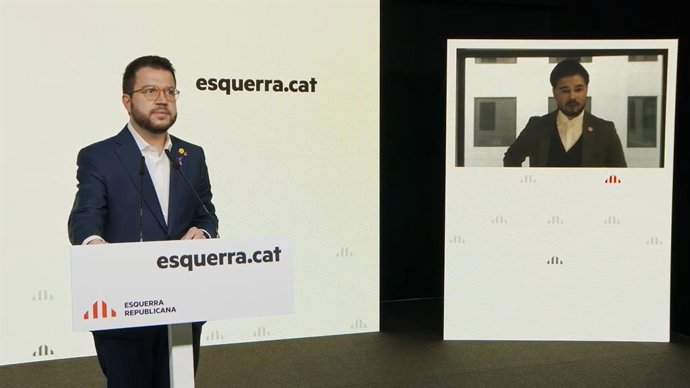 El vicepresident de la Generalitat, Pere Aragons, i el portaveu d'ERC al Congrés,  Gabriel Rufián, en una roda de premsa telemtica.