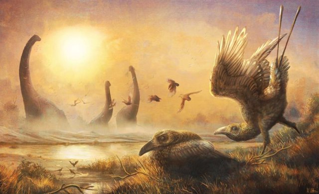 Ilustración mostrando el madrugador Falcatakely en medio de dinosaurios no aviares y otras criaturas durante el Cretácico Superior en Madagascar