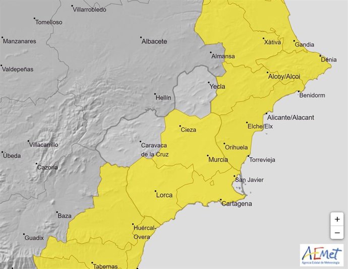 La Aemet amplía el aviso amarillo por lluvias y tormentas en gran parte de la Región para este viernes